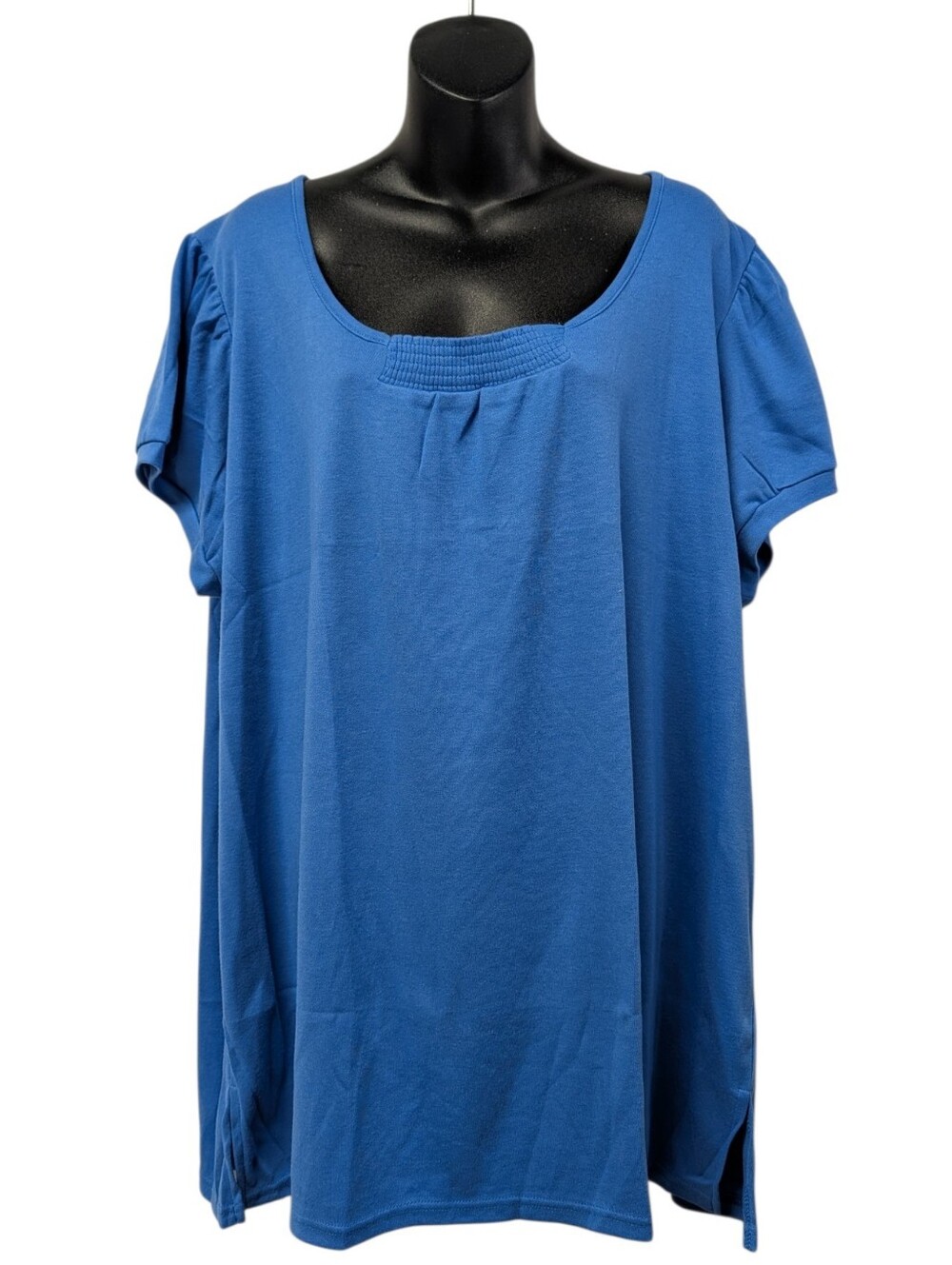 Roaman's Womens Blue Solid Scoop Neck Pleated Knit Short Sleeve T-Shirt Plus 2X